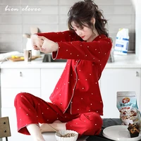 women pajamas sleepwear homewear suits heart print pijama set spring autumn long sleeve femme red pyjama winter underwear