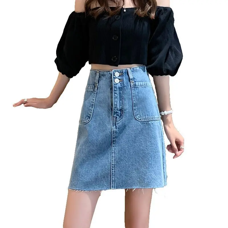 

Mini denim skirt summer new women's high waist A-line denim skirt ladies breasted denim short skirt falda vaquera mujer