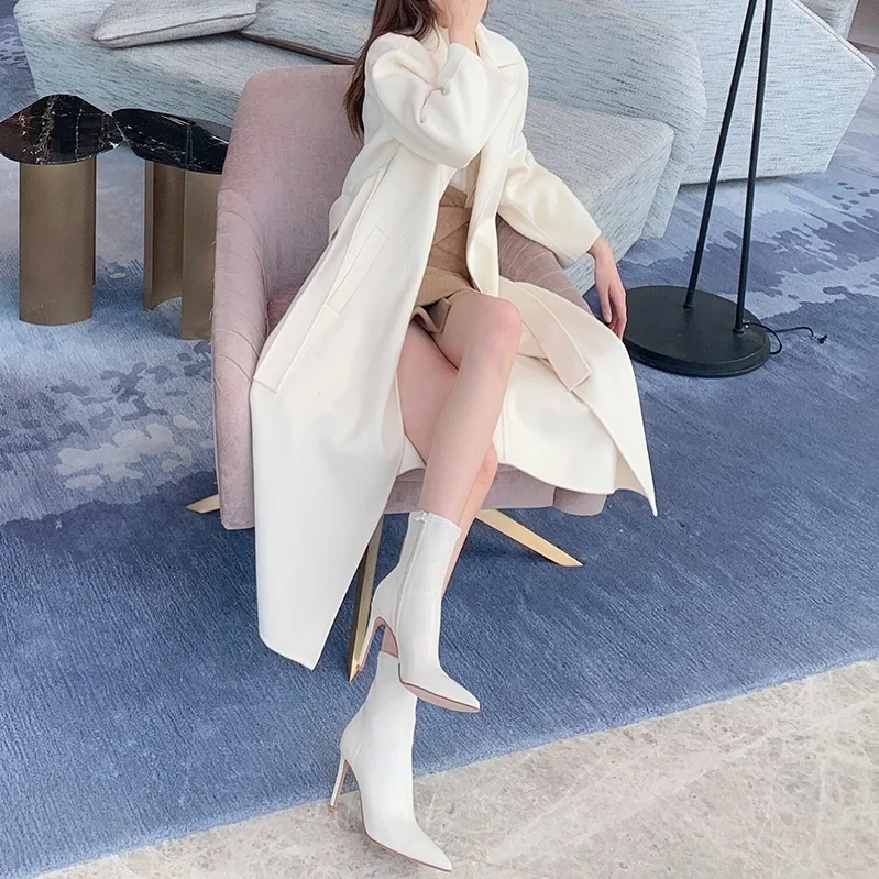 

Japanned Leather chelsea boots women zipper slim mid-calf shiny modern botines pointed toe high heels riding botas de mujer 2021