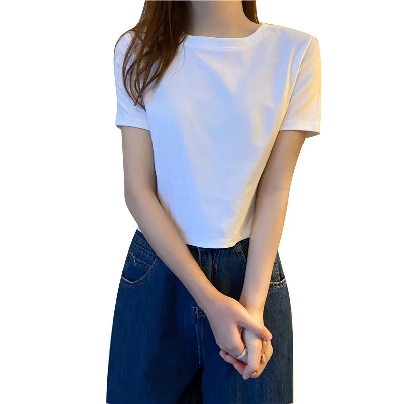 

Summer 2021 New Korean Style Versatile Loose Slimming High Waist Cropped Solid Color Short Sleeve T-shirt Top Women