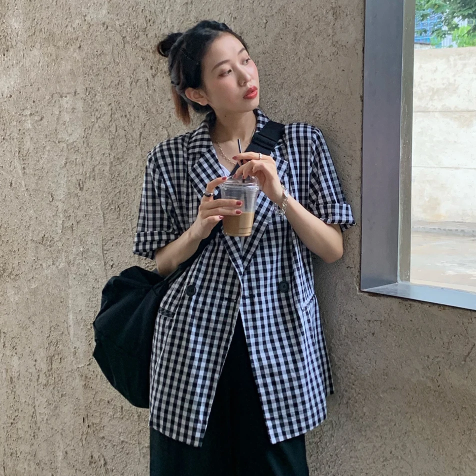 

Mozuleva 2021 Новый Черный и белый плед двубортный пиджак Топы Для женщин