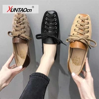 personality women shoes 2021 spring lace up casual loafers fashion soft square toe flats for women shoes black loafers women