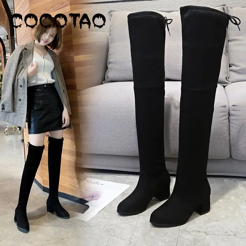 Женские замшевые ботфорты на высоком тонком каблуке эластичные высокие сапоги