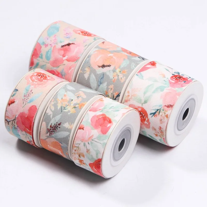 

5 yards Floral Printed Ribbon for Diy Bow Headwear Materials Cake Gift Box Flowers Packaging Hat Sewing Decoration Accessories