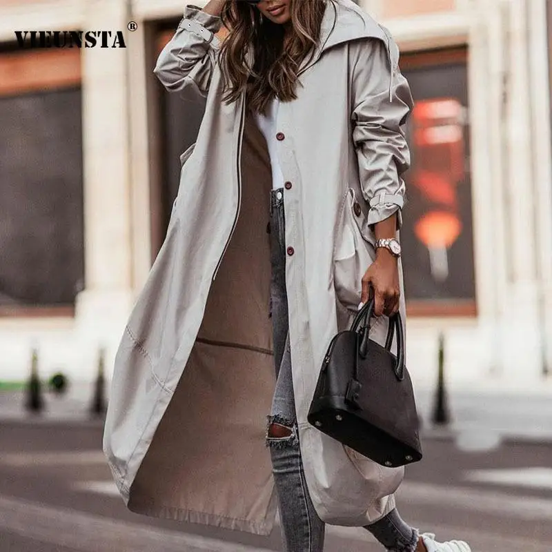 

Осенний Тренч с длинным рукавом, пальто, женский модный однобортный длинный кардиган на пуговицах, зимний однотонный свитшот с капюшоном, к...