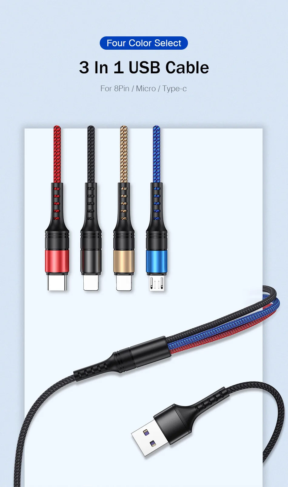 YKZ кабель для мобильного телефона 3 в 1 Micro USB кабель usb type-C кабель для зарядки для samsung Xiaomi huawei USB шнур для освещения