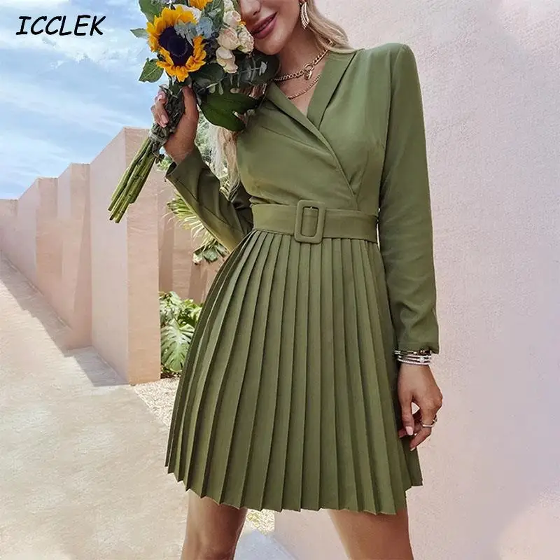 

Women's Dress Elegant Midi Dress V-neck A-line Pleated Women Green Office Long Sleeve Belt Blazer Dresses Casual Female 2021