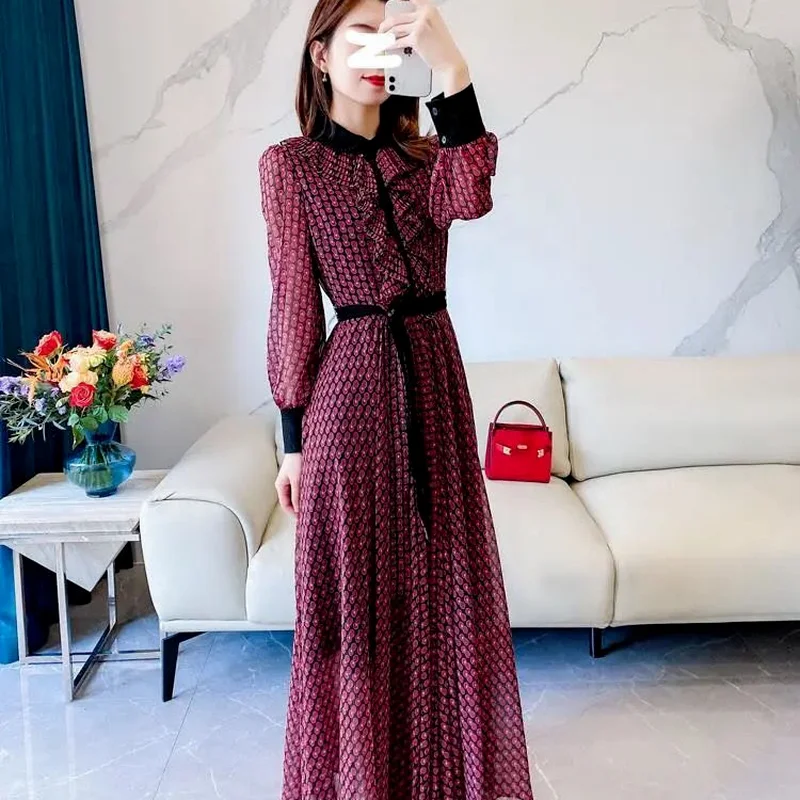 

2021 Spring Autumn New Peter Pan Collar Long-sleeved A-line Printing Vintage Dress Party Maxi Dresses for Women Vestidos Y418