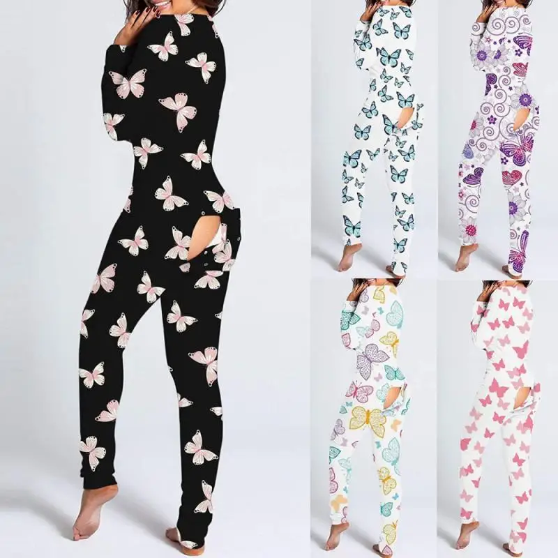 

2021 New Comfort Women Sleepwear Butt Button Back Flap V-neck Jumpsuit Skinny Rompers Thermal Playsuits Clothing Sexy Bodysuits