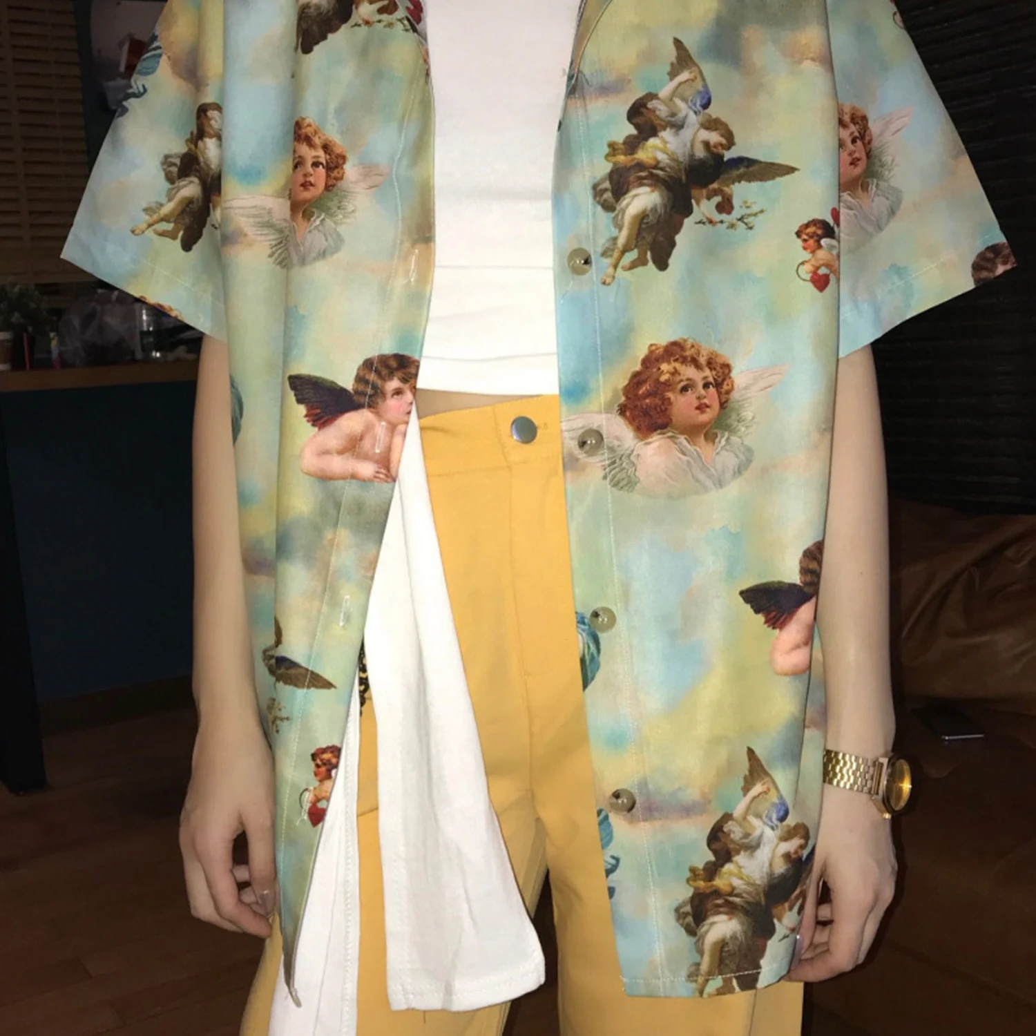 Aelfric 2020 Spring Summer Personalized Street Shooting Trendy Flower Shirt Loose Design Women Hip-hop Angel Short Sleeve | Женская