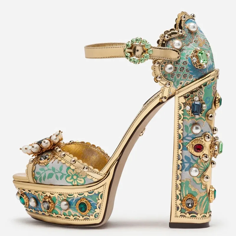 

Женские свадебные туфли стразы, туфли на высоком каблуке с жемчугом, Летняя женская обувь с открытым носком для вечеринки, женские сандалии ...