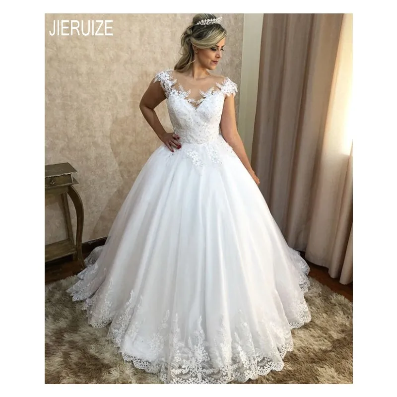 

JIERUIZE Modern Wedding Dresses Cap Sleeve Sheer O Neck Appliques Lace Beaded Long A Line Bridal Gowns Puffle vestido de noiva