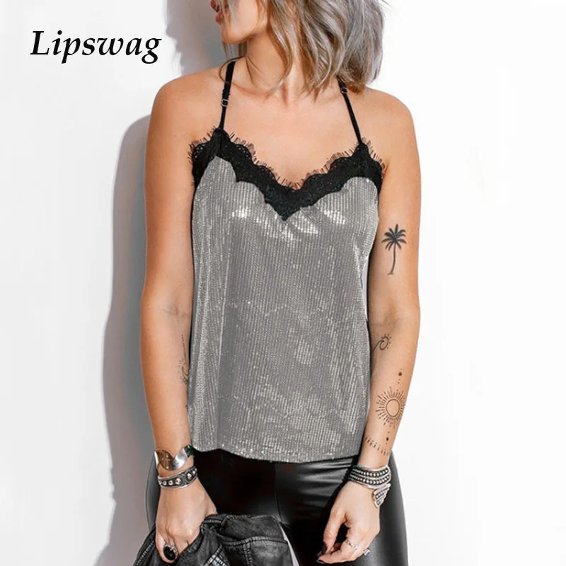 

2021 Sexy Sleeveless Patchwork Sequin Club Tops Blusa Lady Spring Summer Strap Women Vest Shirt Elegant V Neck Lace Blouse Tank