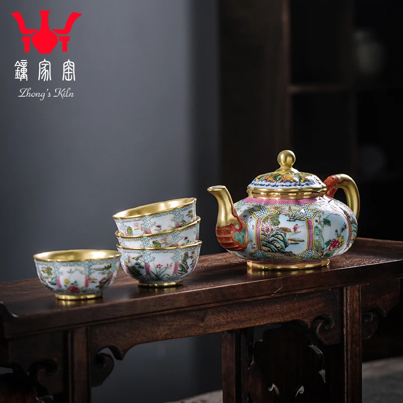 

kiln was set home sitting room jingdezhen colored enamel paint landscape painting of flowers and a pot of four cups