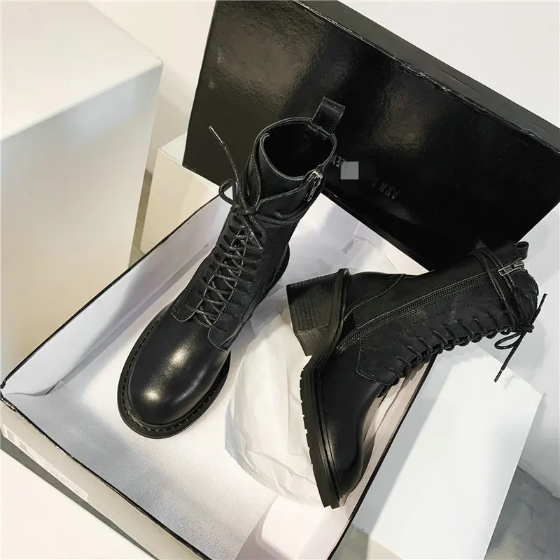 

TXCNMB Fashion Women Ankle Boots Winter Warm Genuine Leather High Heels Shoes Woman Round Toe Cross-tied Motocycle Boots