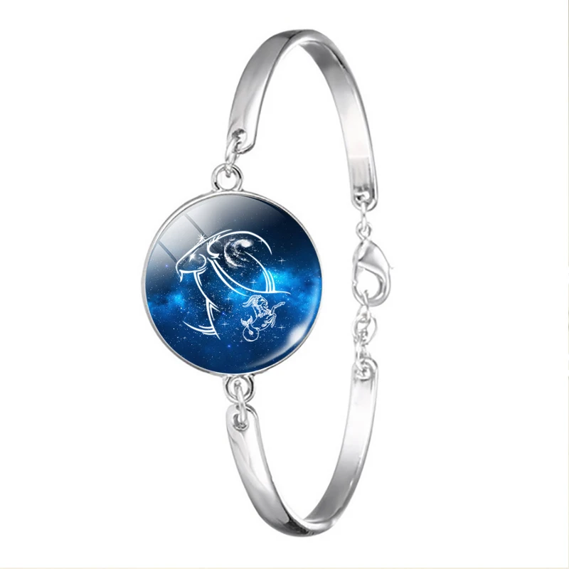

12 Zodiac Sign Bracelet Charm Glass Cabochon Chain Bangle Virgo Libra Scorpio Sagittarius Constellation Jewelry Birthday Gift