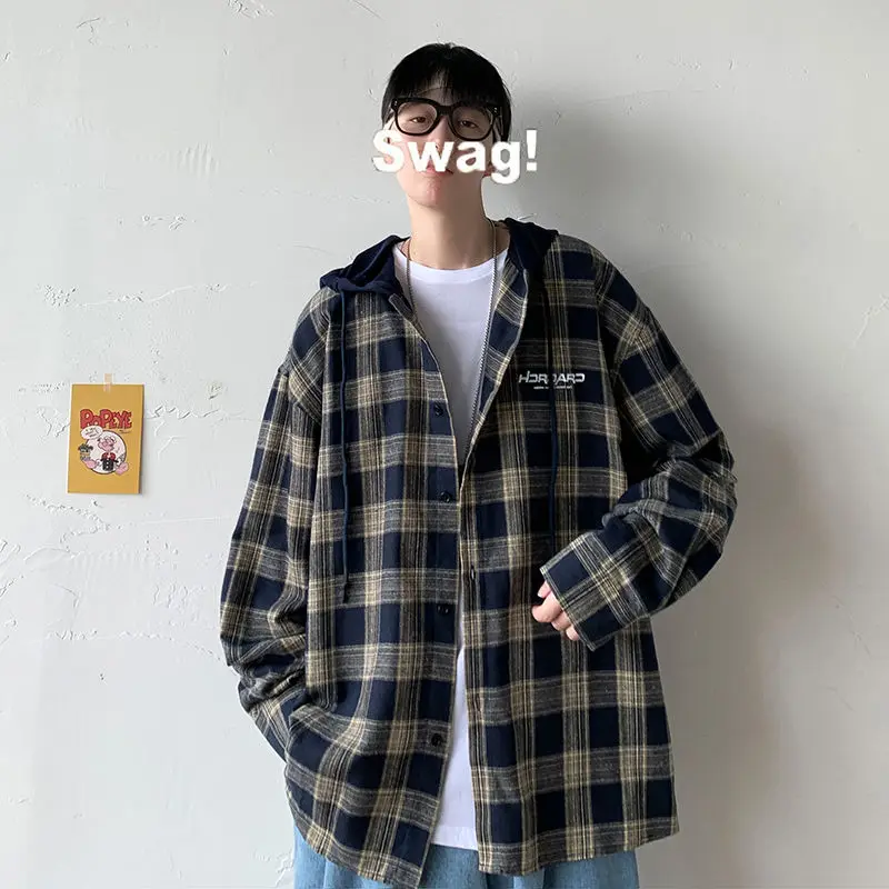 Мужская хлопковая толстовка в клетку с капюшоном и длинным рукавом | одежда