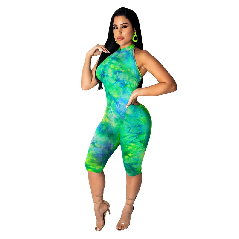 Green Tie Dye повседневный комбинезон женский комбинезон Холтер открытая спина цельный обтягивающий Летний комбинезон без рукавов с открытыми плечами Вечерние боди - Цвет: Green