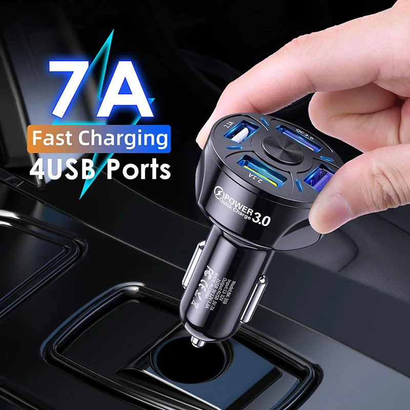 

7A Mobile Phone USB Car Charger For iPhone 12 Pro Max 4 Ports USB QC3.0 Fast Charging Adapters For Xiaomi 11 Huawei Quick Charge