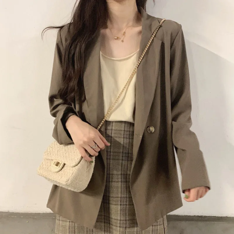 

2020 Women Blazer Spring Autumn Coat Vintage Chic Loose Leisure Suit Notched Collar Business Suit Blazers Female Simple Jackets