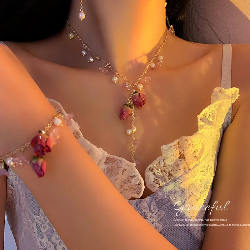 

2022 Южная Корея, милое ожерелье с цветком феи, ушной крючок, клипсы, серьги, браслеты, элегантные романтические длинные висячие серьги с крист...