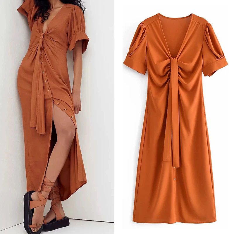 

Wesay Jesi 2021 Summer Women's Long-Sleeved Dress Solid Color Sexy Split V-Neck Long Dress Fashion Waist Chic Casual Clothes