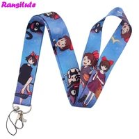r575 anime girl and black cat lanyard multi function mobile phone key strap rope diy fashion neckband mobile phone decoration