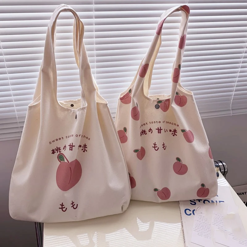 

2023 Fashion Canvas Tote Bag Purses and Handbags for Women Shopper Cute Designer Shoulder Bag Japanese Style Peach Print Eco Bag