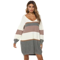 d knitted sweater dress v neck long sleeve stripe loose female chic tops women 2020 fashion autumn warm england style