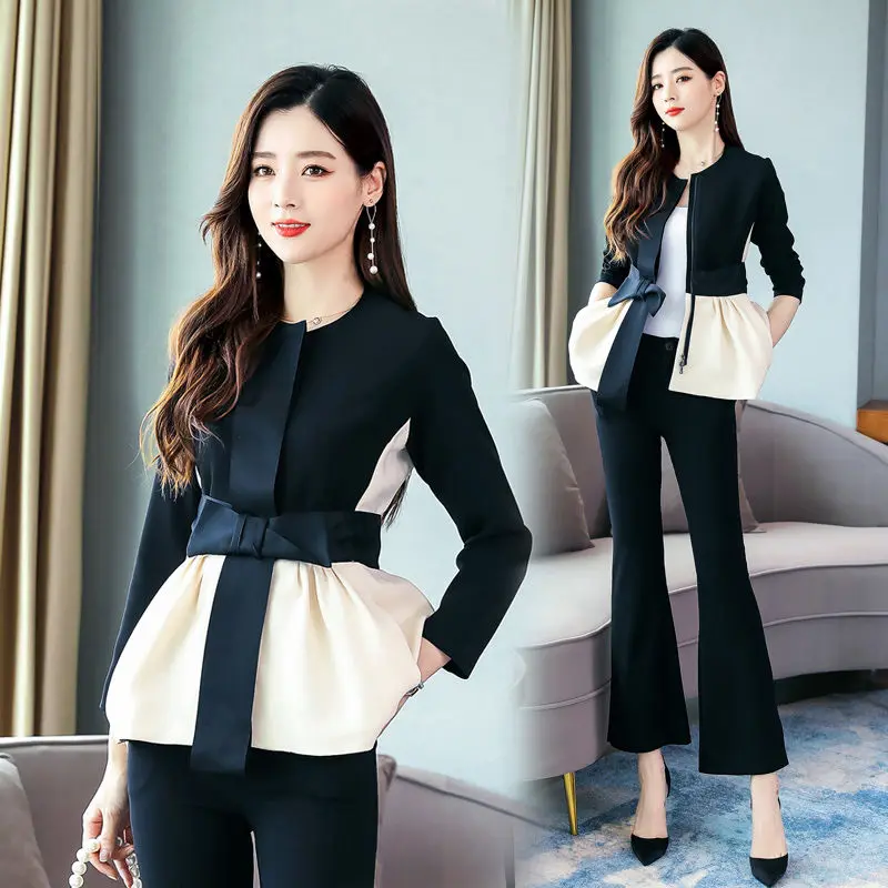 

2 Piece Set Women Spring Autumn Europe Cardigan Spliced Bows Blouses Tops And Flare Pants Suits Elegant OL Clothing Set NS360