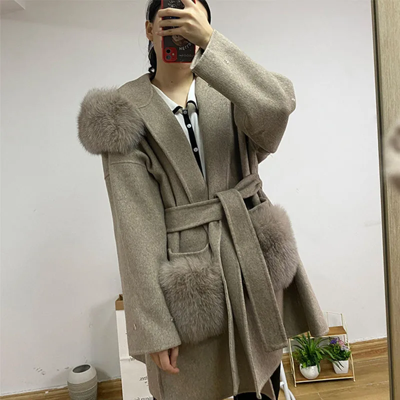 

High-Quality Wool Coat Woman Real Fox For Fur Medium Length Overcoat with belt Cashmere blend Outerwear Wholesale