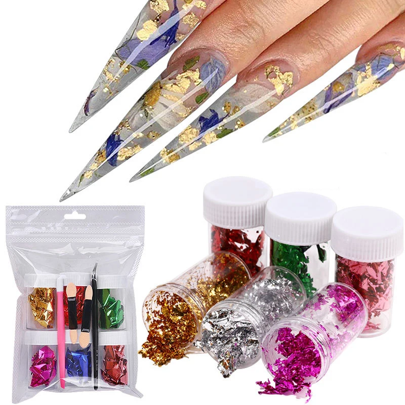 6 бутылок Красочные Nail Art Фольга кашированая бумагой Алюминиевые наклейки для ногтей маникюра + Пинцет + губка + Силиконовые Инструменты Набор для украшения ногтей - изображение