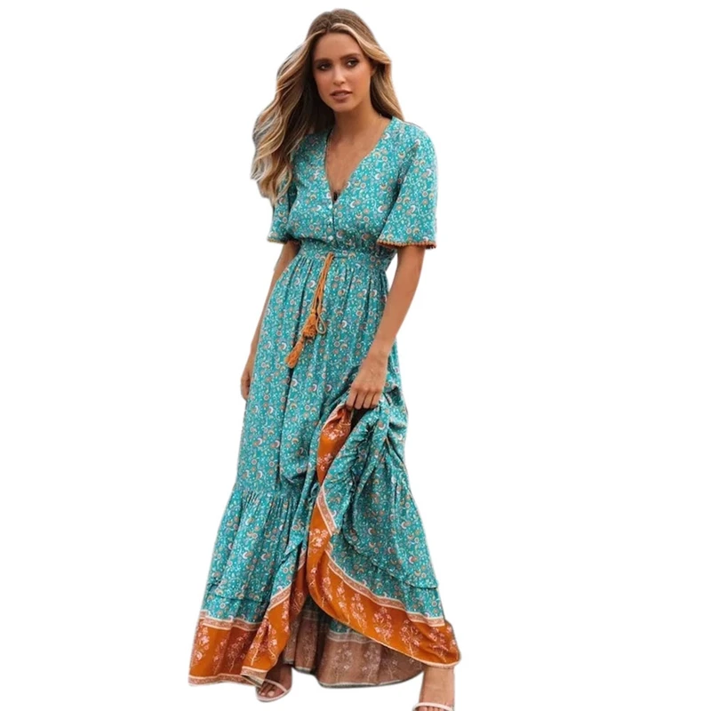 

Retro Maxi Dress Women Summer Short Sleeve V neck High waist Dress Floral Print Boho Beach Long Dress