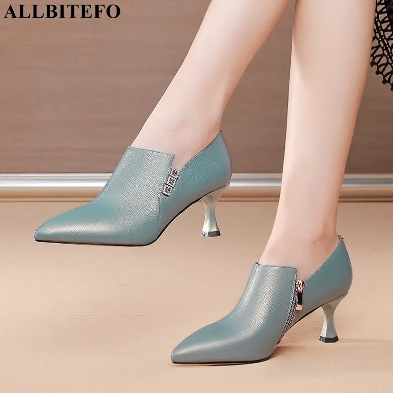 

ALLBITEFO size 34-42 comfortable genuine leather high heels white blue fashion high heel shoes women heels party wedding shoes