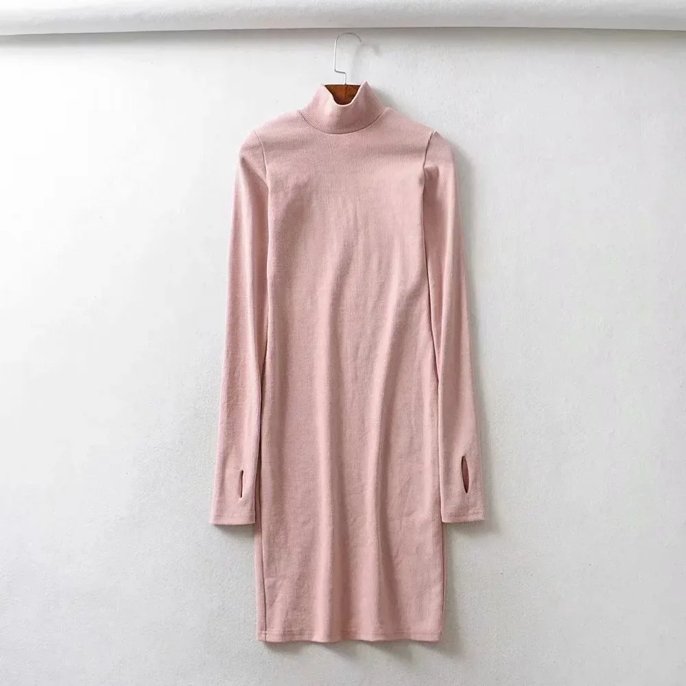

Zoulv Dresses Solid Color Stretch Thread Self-cultivation Sexy Half-high Neck Long-sleeved Short Skirt with Fingers Hip Skirt