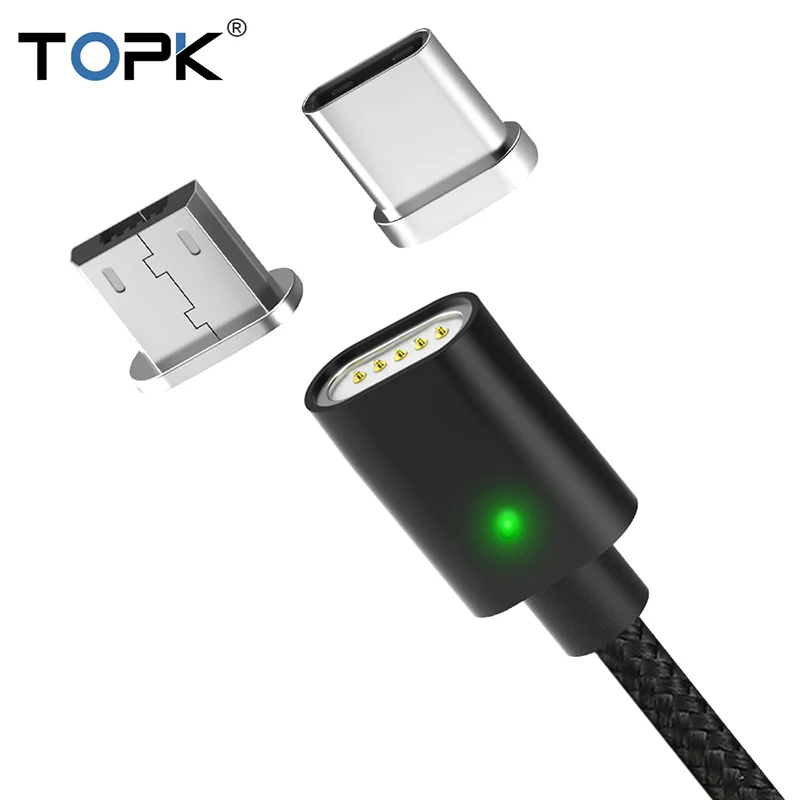 TOPK, магнитный светодиодный кабель с индикатором, кабель usb типа C и кабель Micro USB, адаптер, нейлоновая оплетка, магнитный кабель для зарядки и синхронизации данных