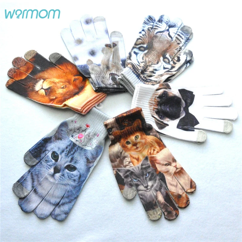 Warmom, детские перчатки с забавным принтом, 3D Мультяшные животные, полный палец, варежки, детские, Осень-зима, вязаные перчатки, подарки для От 7 до 11 лет