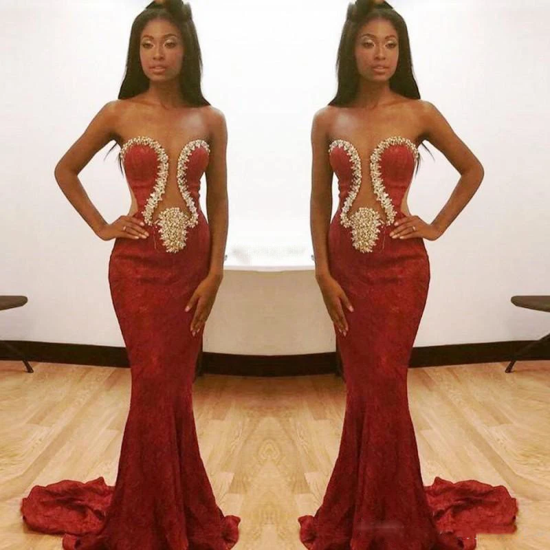 

Crimson Sexy Beaded Mermaid Perspective Prom Dress Formal Party Dress