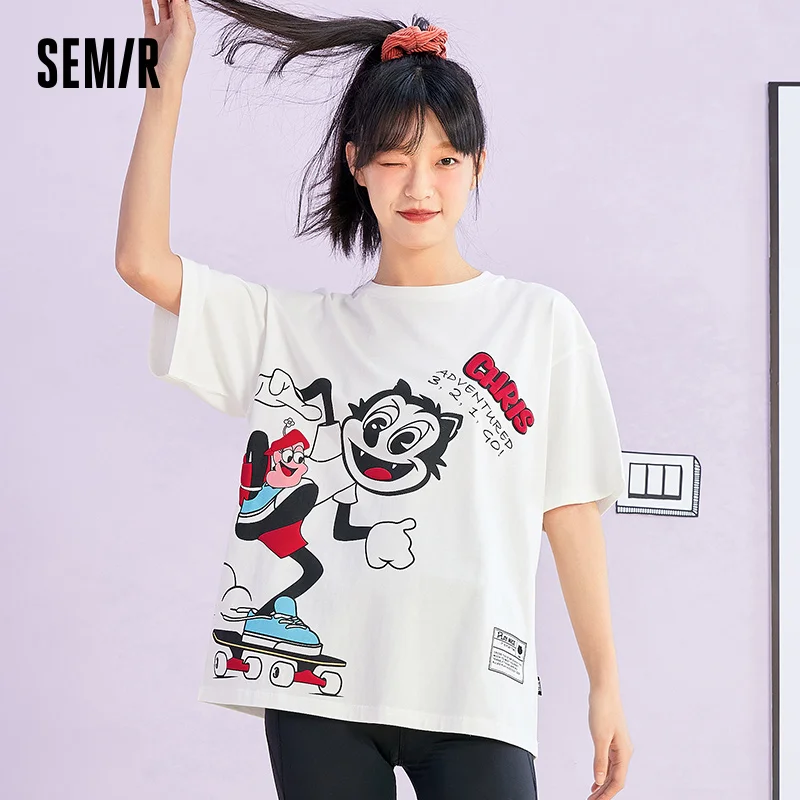 

Футболка SEMIR женская с коротким рукавом, белый топ из чистого хлопка с мультяшным большим рисунком, свободная рубашка с круглым вырезом, лет...