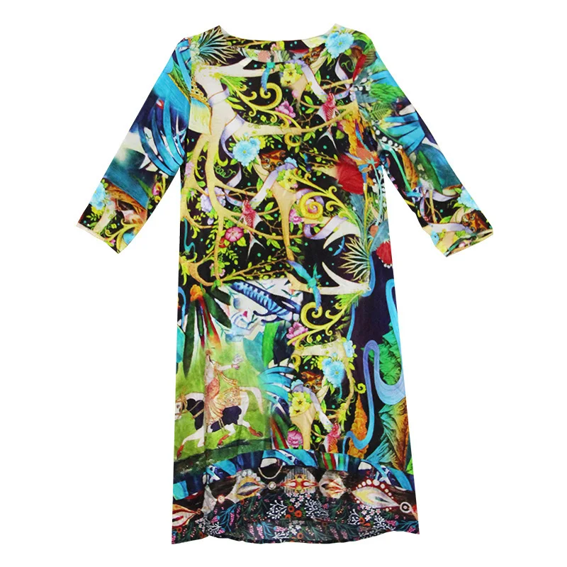 Летнее платье женское из натурального шелка корейское пляжное миди с принтом