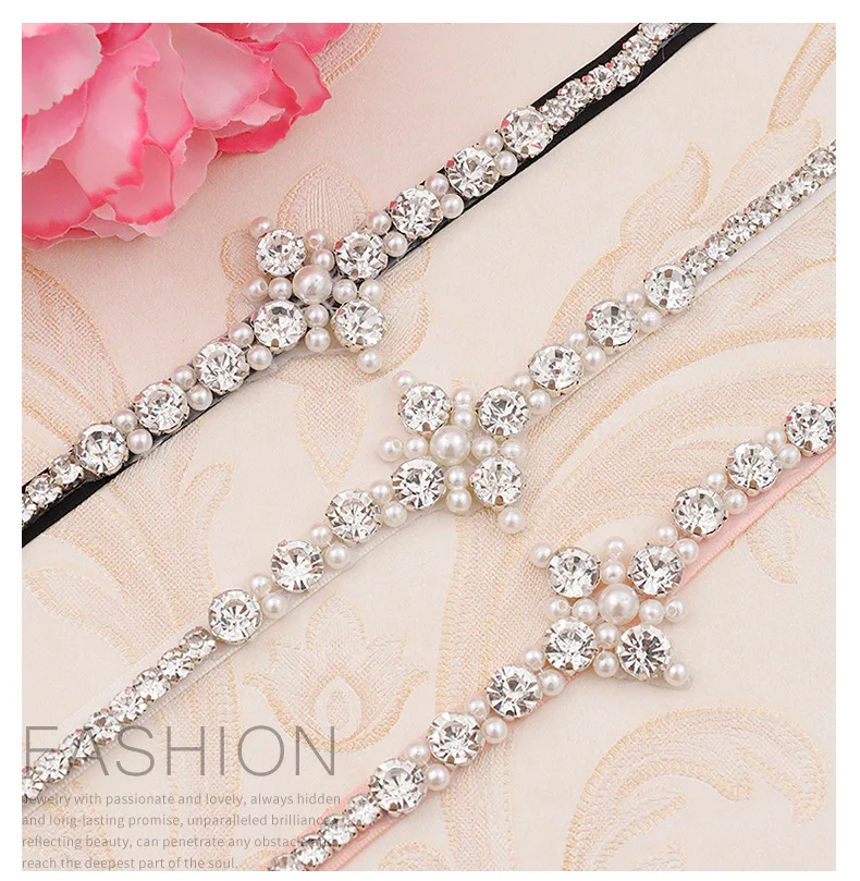 

Siver Wedding Bridal Belt with Rhinestones Pearl Ribbon Bridesmaid Dress Marriage Accessories