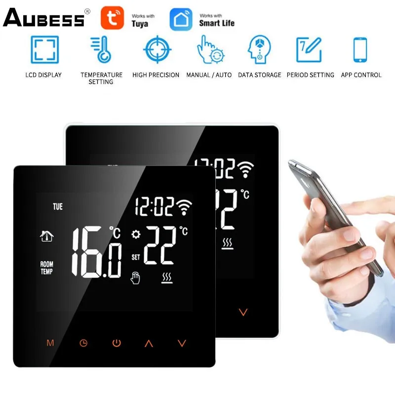 

Умный термостат Aubess Tuya, Wi-Fi контроллер температуры для электрического подогрева пола, сенсорная ЖК-панель, работает с Alexa Google Home