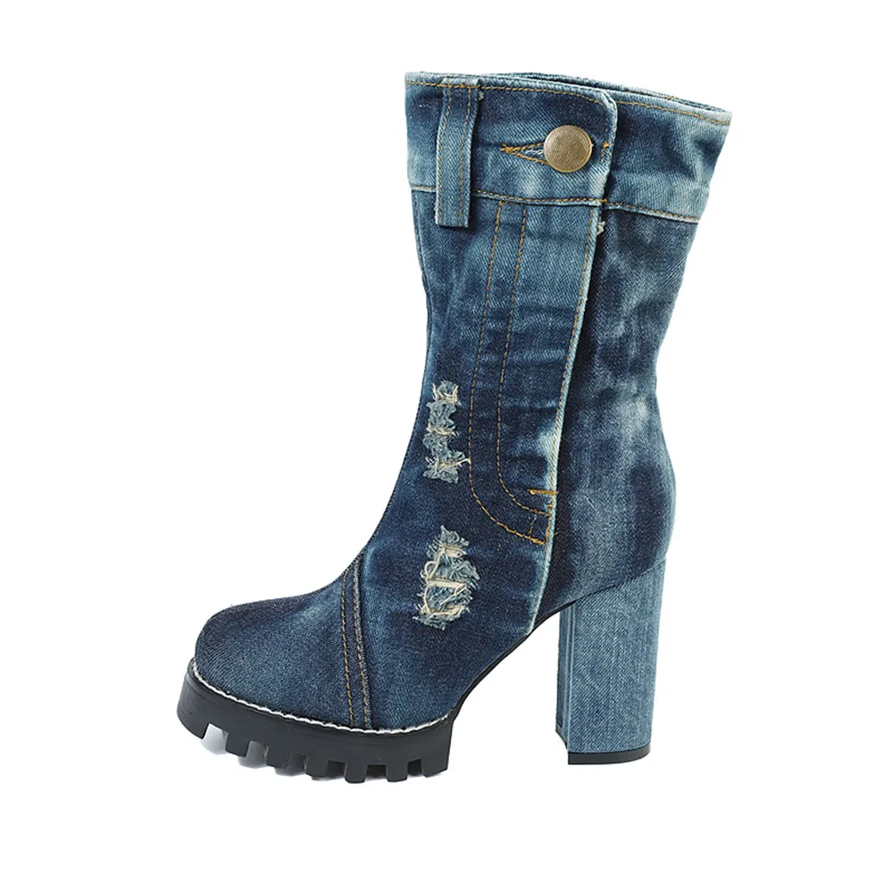 

KNCOKAR 2021new canvas women's shoes autumn winter high heel middle boots denim chunky women's boots boots size 35-41
