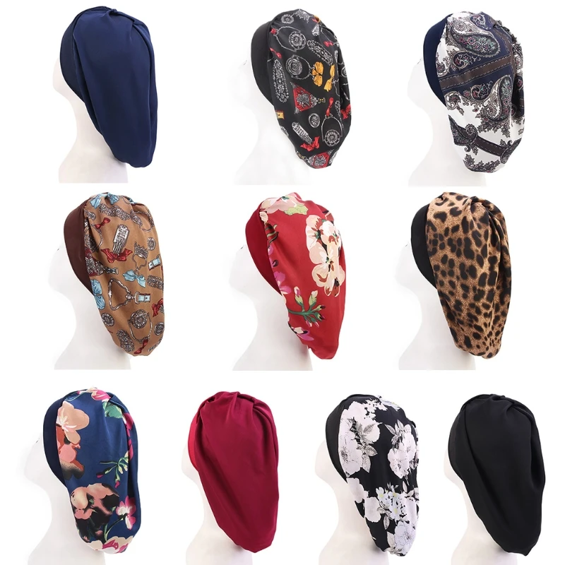 

Women Silky Satin Bonnet Sleep Cap Cross Front Wide Band Turban Head Cover Vintage Floral Print Large Night Sleeping Hat