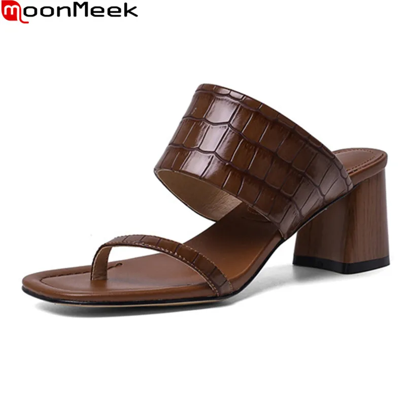 

MoonMeek 2020 New brand fashion women slippers thick high heels square toe ladies casual shoes summer solid color mules shoes