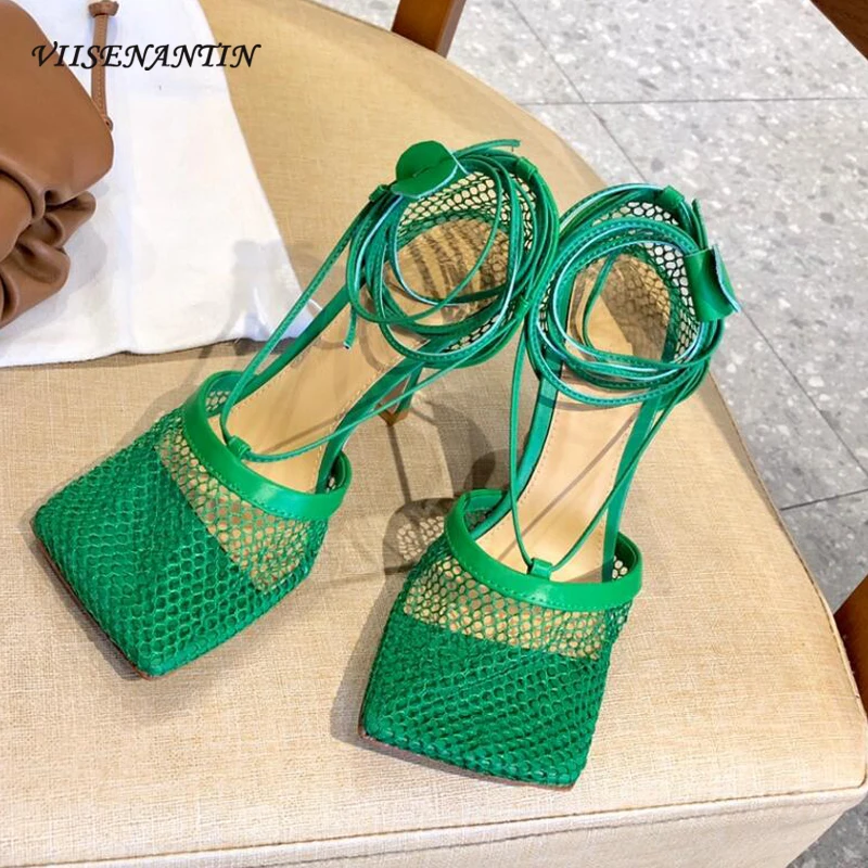 

Женские босоножки из натуральной кожи, на высоком каблуке, с квадратным носком