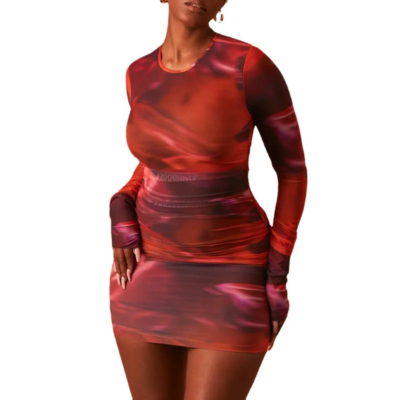 

2021 Tie-Dye Print Ruched Dress for Women Long Sleeve Sexy Bodycon Mini Dress Elastic Pleated Casual Party Dress Maxi Vestidos