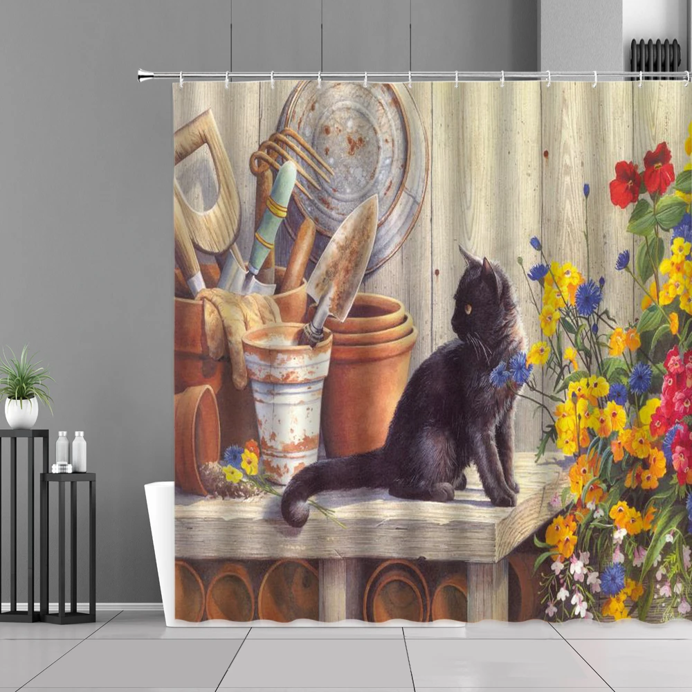

Cute Cat And Beautiful Flowers Shower Curtain Set Spring Green Plants Landscape Bathroom Decoration Waterproof Polyester Fabric
