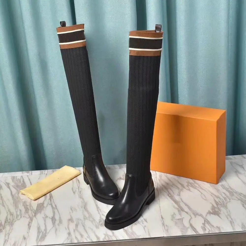 Kopen 2021 Herfst Winter Laarzen Luxe Merk Over De Knie Laarzen Lederen Vrouwen Schoenen Populaire Dames Schoenen Grote Maat 35-42
