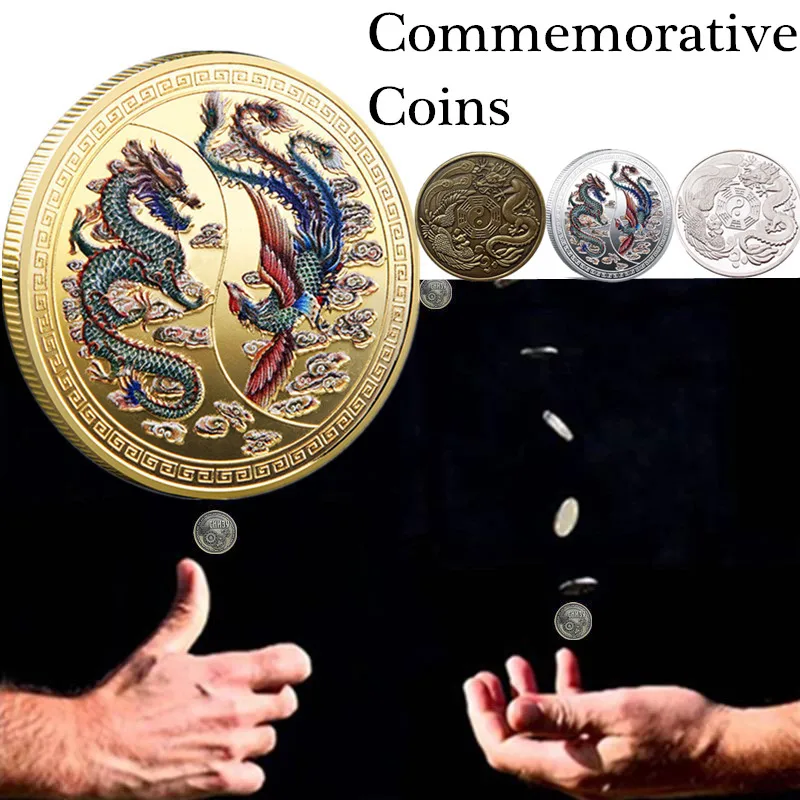 

2021 2pcs 4 styles of Chinese dragon and phoenix commemorative coins Bagua diagram golden silver challenge coin mexico